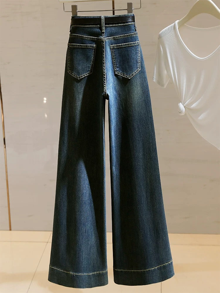 High-waisted wide-leg jeans for women 2024 autumn new style retro elastic versatile loose straight slim micro-flared pants