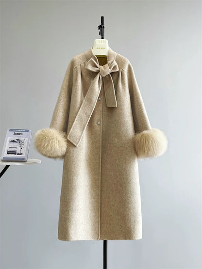 Diana fox fur collar double-sided wool velvet coat wool double-sided long bow sweet autumn and winter K653