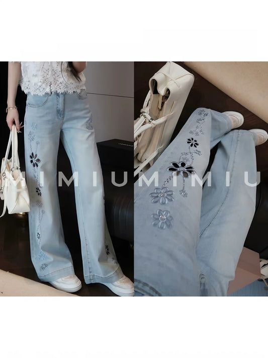 Yoululu Tencel-Cotton Blend High-Stretch Jeans for Women (Early Autumn): Low-Rise, Casual Straight-Leg Trousers Featuring Cut-Out Embroidery and Rhinestone Embellishments.