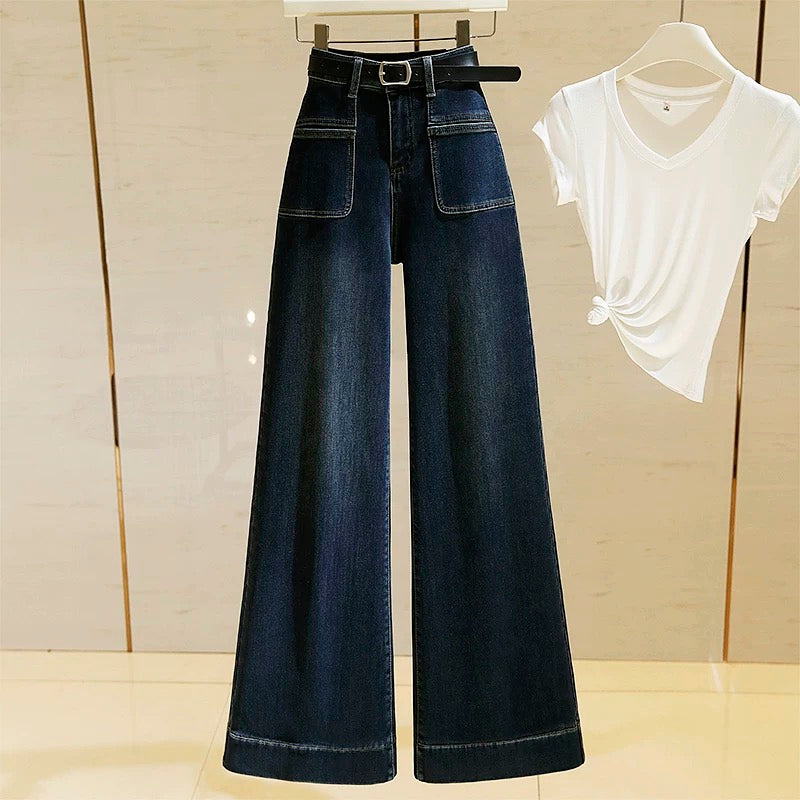 High-waisted wide-leg jeans for women 2024 autumn new style retro elastic versatile loose straight slim micro-flared pants