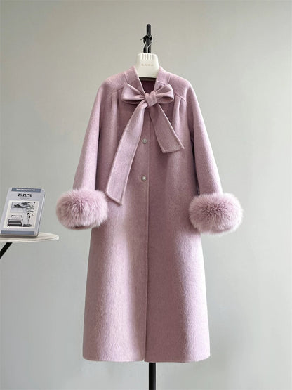 Diana fox fur collar double-sided wool velvet coat wool double-sided long bow sweet autumn and winter K653
