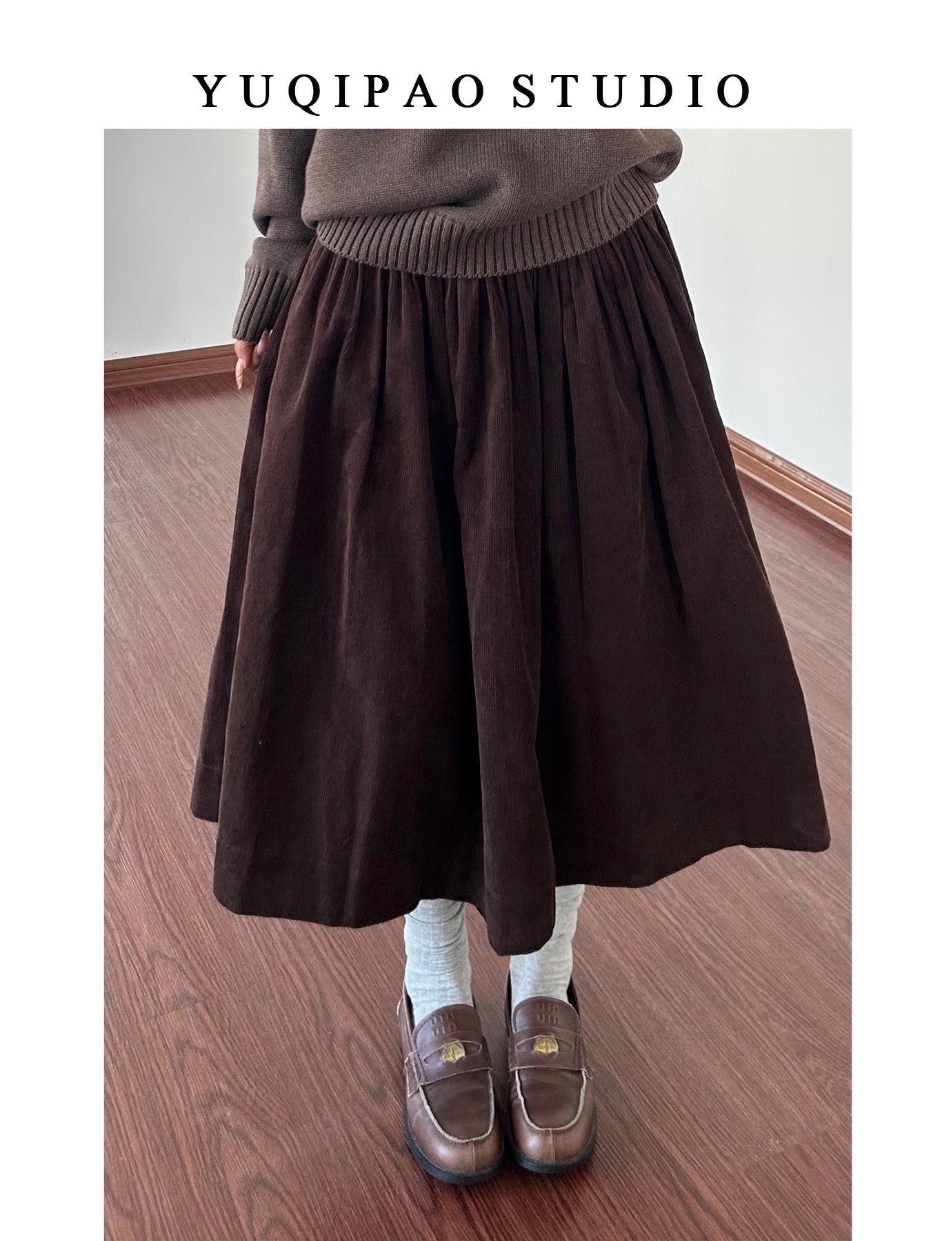 Plus-size corduroy retro brown midi skirt, elastic waist, A-line, slightly chubby, mid-length umbrella skirt, perfect for autumn and winter.