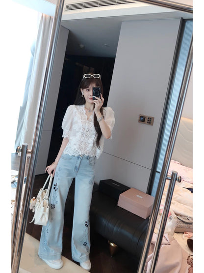 Yoululu Tencel-Cotton Blend High-Stretch Jeans for Women (Early Autumn): Low-Rise, Casual Straight-Leg Trousers Featuring Cut-Out Embroidery and Rhinestone Embellishments.