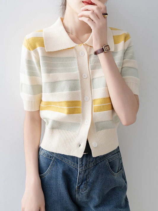 2025 new summer cardigan outerwear thin top design small fragrance style contrast color striped short-sleeved knitted sweater for women