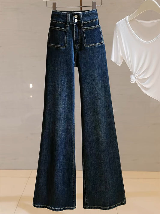 Women's 2024 new fall retro loose wide-leg floor-length flared jeans without leggings