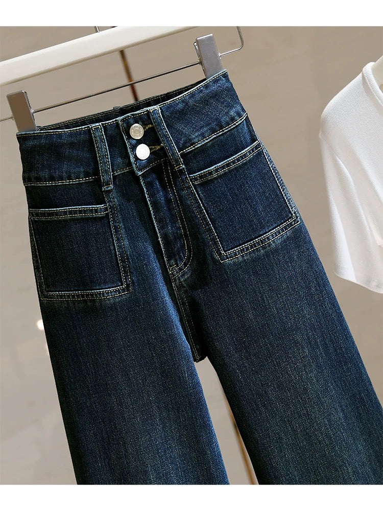 Women's 2024 new fall retro loose wide-leg floor-length flared jeans without leggings