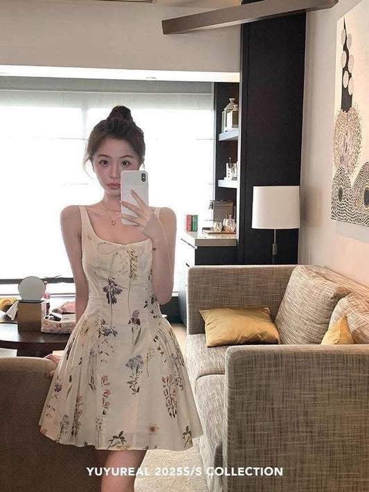 YUYUREAL Little White Flower Dress for Women, Summer Slimming Waist-cinching Floral Print Dress, Princess Style Sundress