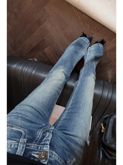 Yoululu Women's Retro High-Stretch Mid-Low Rise Slim-Fit Flared Jeans – Lightweight Autumn Casual Trousers