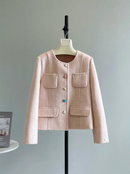 Candy Jar Autumn and Winter Korean Temperament Small Xiangfeng Love Color Button Double-sided Woolen Plush Coat Jacket Female P254