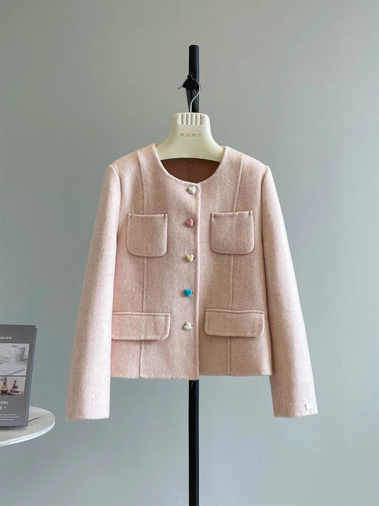 Candy Jar Autumn and Winter Korean Temperament Small Xiangfeng Love Color Button Double-sided Woolen Plush Coat Jacket Female P254