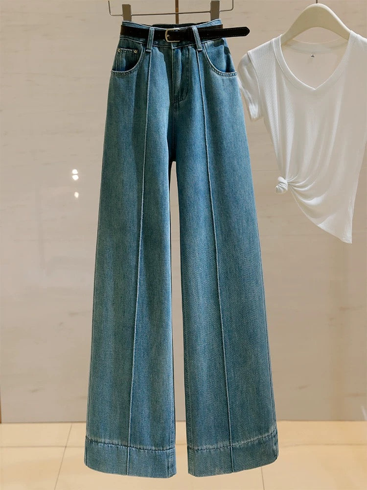 High-waisted straight jeans for women 2024 summer new versatile retro Hong Kong style loose slimming wide-leg pants nine-point pants