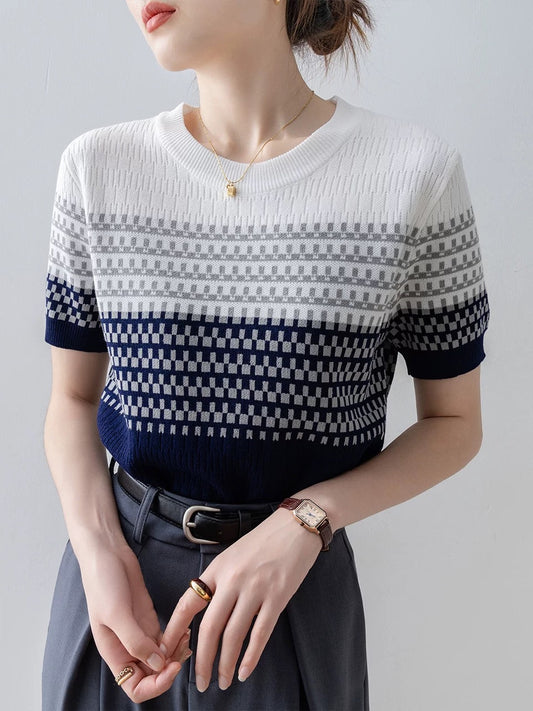 2024 new summer women's thin blue round neck striped sweater with French high-end short-sleeved top