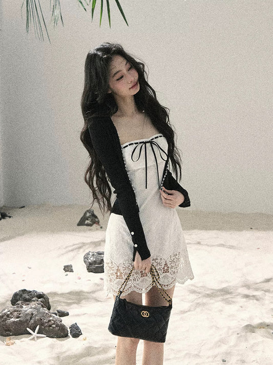 AOMALM's "Moonlight Woven Dream" Off-Shoulder French Lace Dress for Women, Summer Bodycon Skirt/Mini Skirt