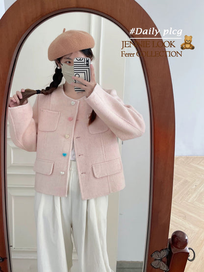Candy Jar Autumn and Winter Korean Temperament Small Xiangfeng Love Color Button Double-sided Woolen Plush Coat Jacket Female P254