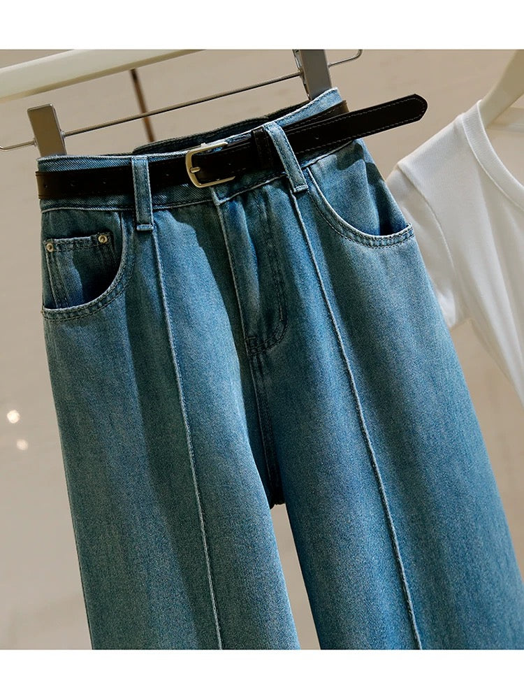 High-waisted straight jeans for women 2024 summer new versatile retro Hong Kong style loose slimming wide-leg pants nine-point pants