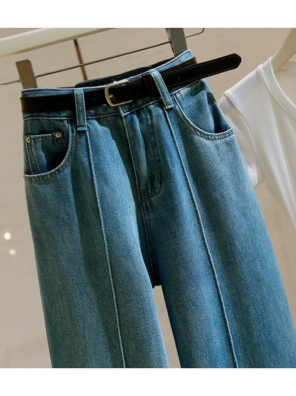 High-waisted straight jeans for women 2024 summer new versatile retro Hong Kong style loose slimming wide-leg pants nine-point pants