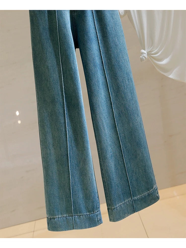 High-waisted straight jeans for women 2024 summer new versatile retro Hong Kong style loose slimming wide-leg pants nine-point pants