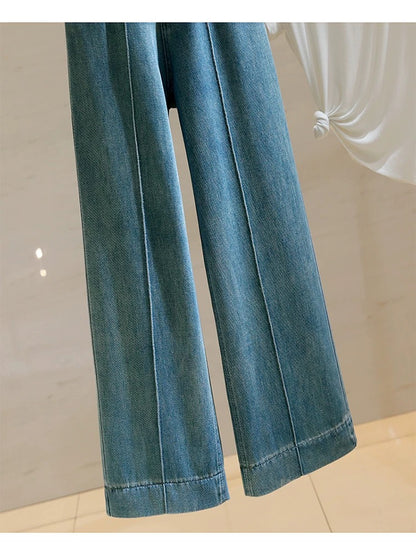 High-waisted straight jeans for women 2024 summer new versatile retro Hong Kong style loose slimming wide-leg pants nine-point pants