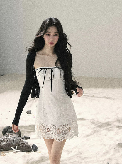 AOMALM's "Moonlight Woven Dream" Off-Shoulder French Lace Dress for Women, Summer Bodycon Skirt/Mini Skirt