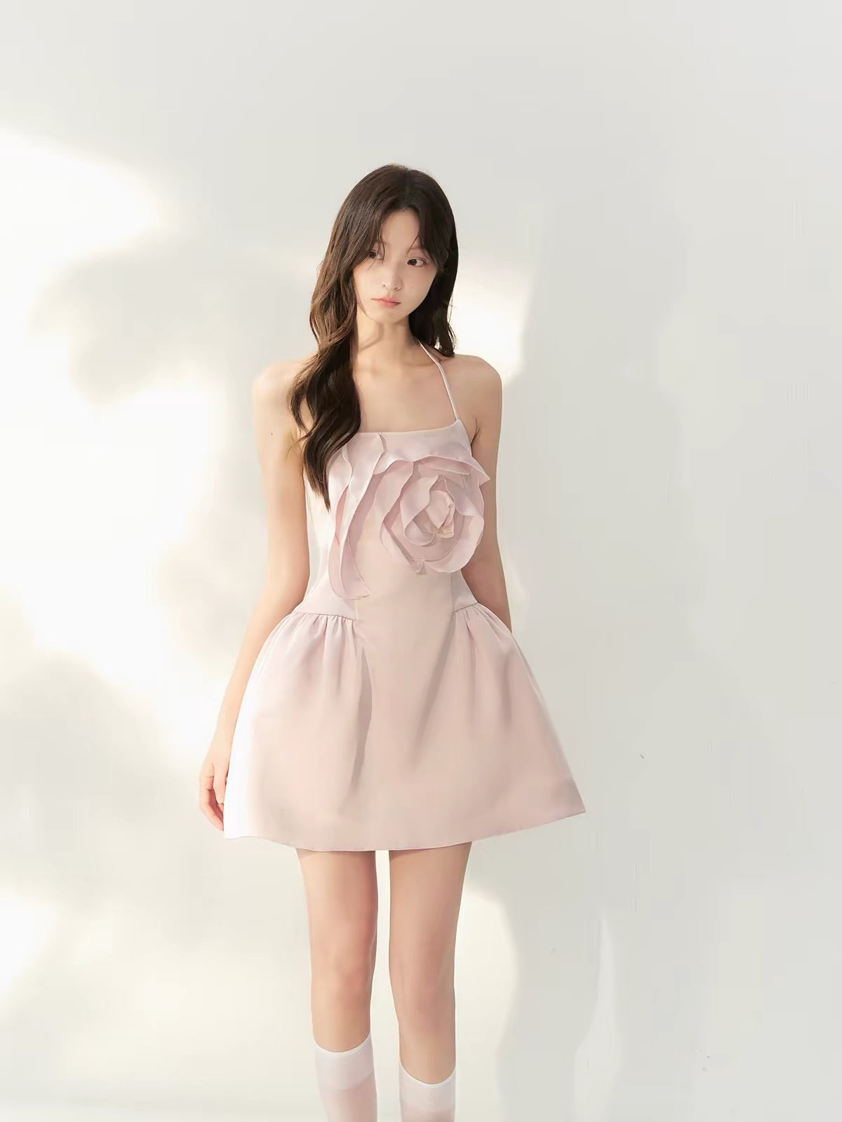 RECIT Pink Lustrous Satin Halter-Neck Dress with 3D Rose Detail – Girlish "Old Money" Aesthetic, Fitted Waist, and Flared Skirt