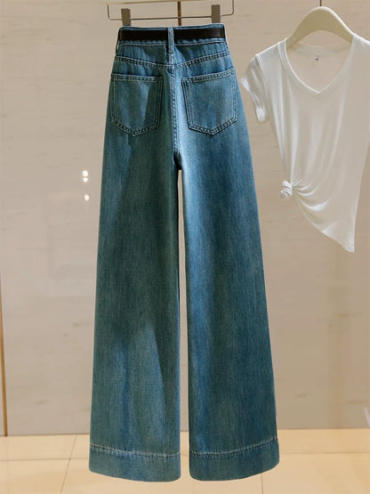 High-waisted straight jeans for women 2024 summer new versatile retro Hong Kong style loose slimming wide-leg pants nine-point pants