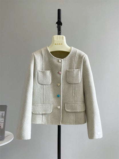 Candy Jar Autumn and Winter Korean Temperament Small Xiangfeng Love Color Button Double-sided Woolen Plush Coat Jacket Female P254