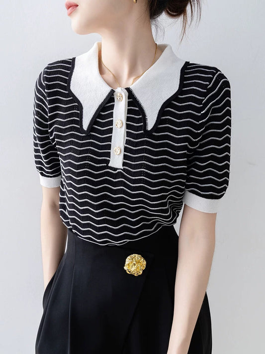 Black Polo collar short-sleeved ice silk sweater for women 2024 new summer wear thin striped design top