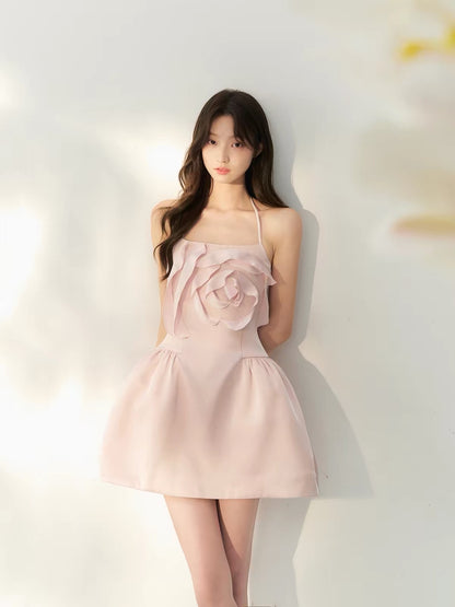 RECIT Pink Lustrous Satin Halter-Neck Dress with 3D Rose Detail – Girlish "Old Money" Aesthetic, Fitted Waist, and Flared Skirt