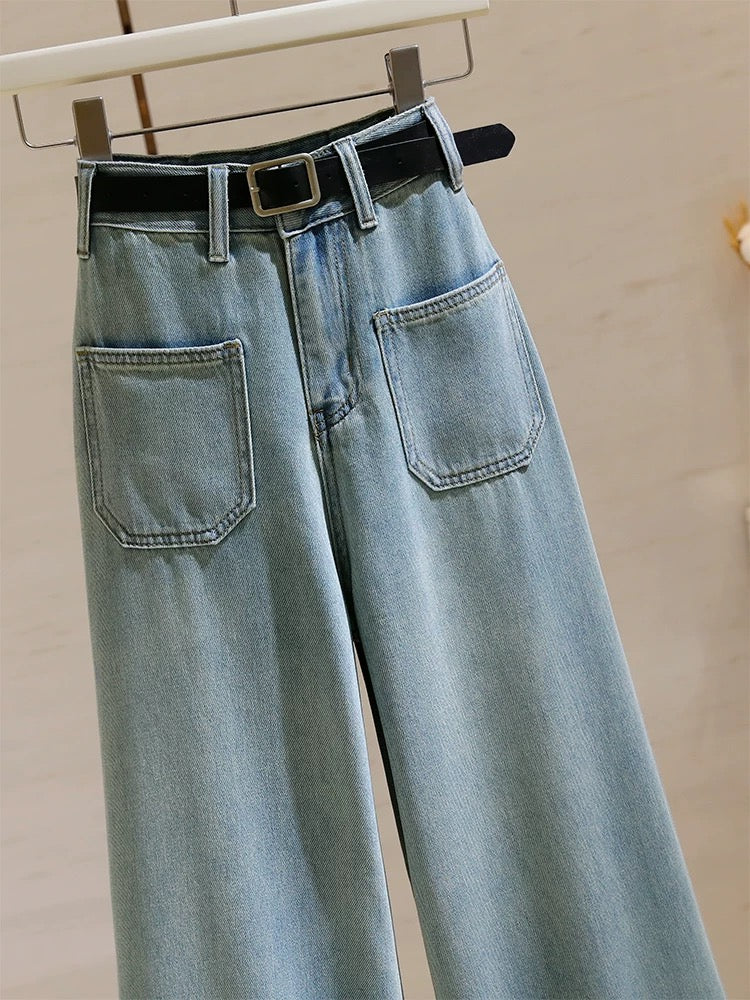 Retro Hong Kong style high-waisted straight jeans for women 2024 summer new style loose and slim wide-leg pants nine-point pants
