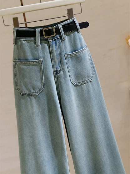 Retro Hong Kong style high-waisted straight jeans for women 2024 summer new style loose and slim wide-leg pants nine-point pants