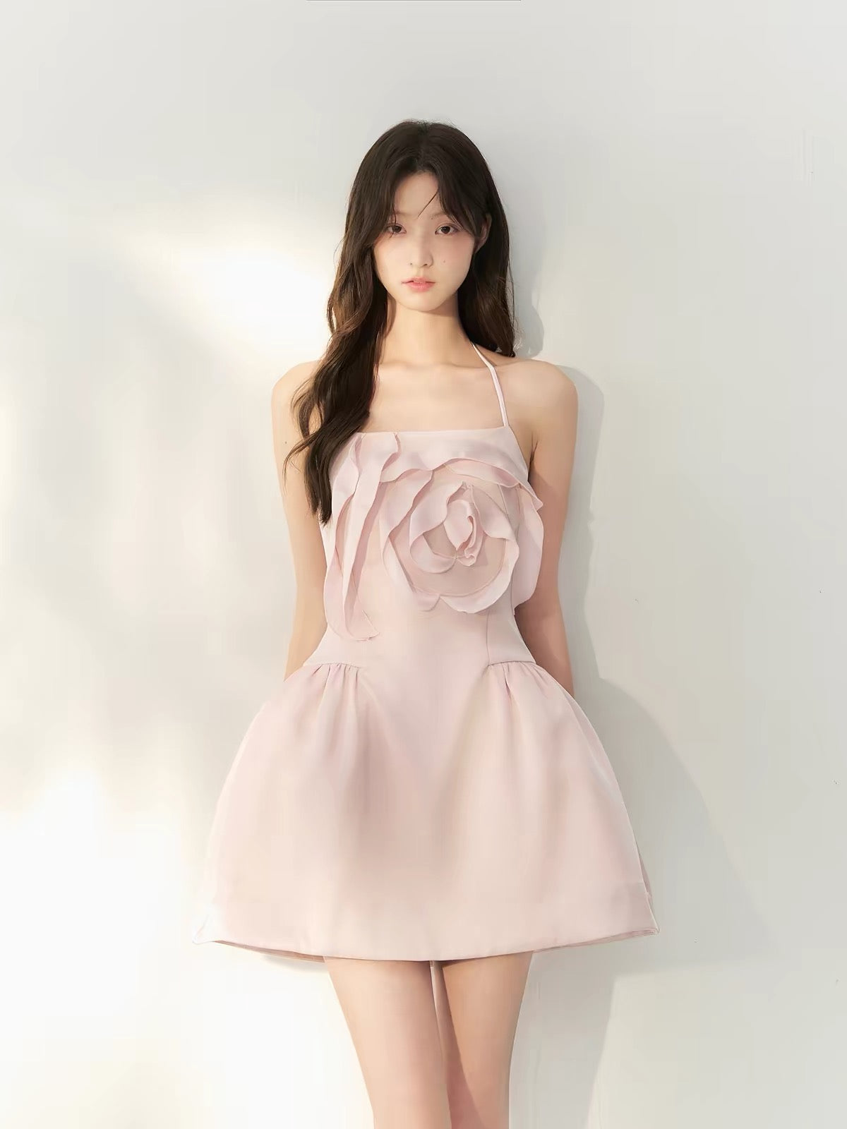 RECIT Pink Lustrous Satin Halter-Neck Dress with 3D Rose Detail – Girlish "Old Money" Aesthetic, Fitted Waist, and Flared Skirt