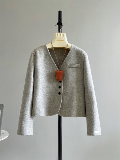 Island Diary New Korean All-match Temperament Small Double-faced Wool Velvet Coat V-neck Short Jacket P247