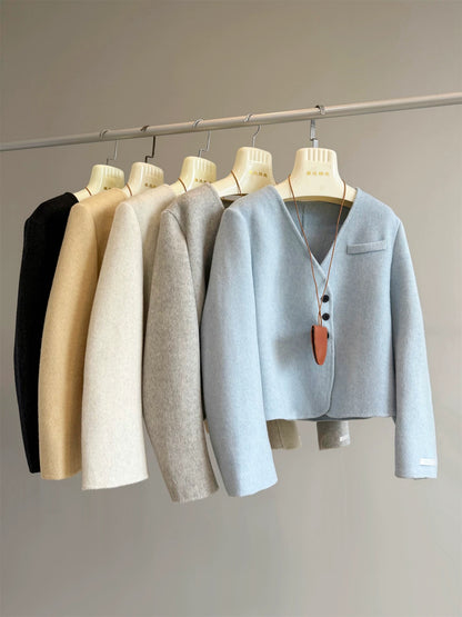 Island Diary New Korean All-match Temperament Small Double-faced Wool Velvet Coat V-neck Short Jacket P247