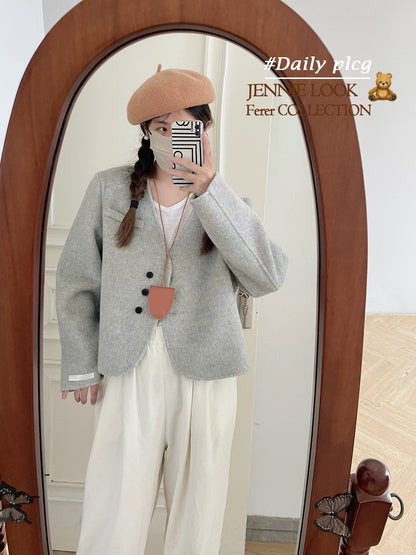 Island Diary New Korean All-match Temperament Small Double-faced Wool Velvet Coat V-neck Short Jacket P247