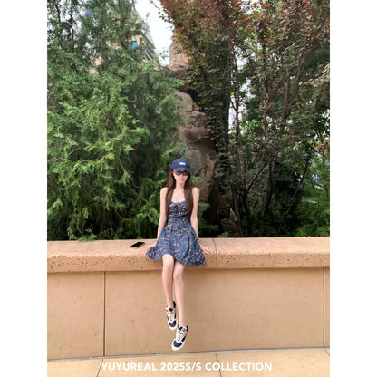 YUYUREAL Little White Flower Dress for Women, Summer Slimming Waist-cinching Floral Print Dress, Princess Style Sundress