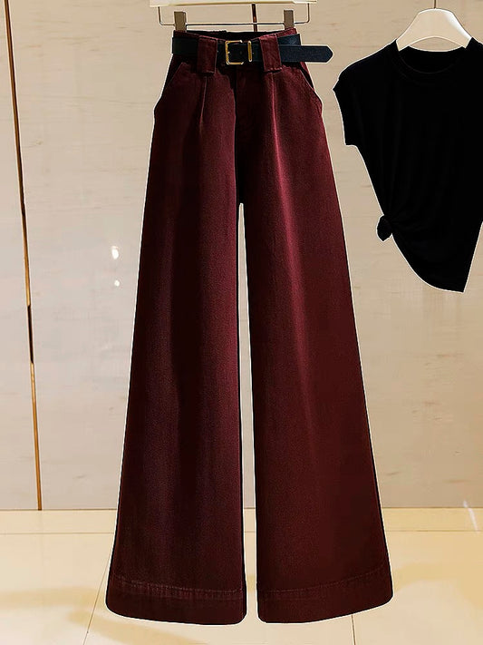 Ankora red wide-leg jeans for women 2024 new high-waist drape loose straight leg slimming floor-length pants