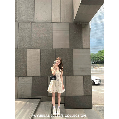 YUYUREAL Little White Flower Dress for Women, Summer Slimming Waist-cinching Floral Print Dress, Princess Style Sundress