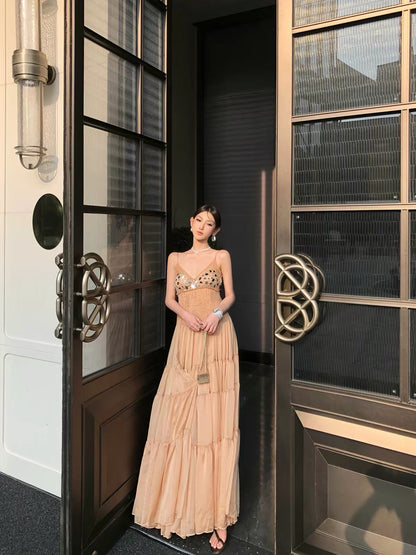 ChiclyNana French-style affordable luxury dress—a soft, elegant, sequined, and pleated camisole maxi dress perfect for birthday parties or semi-formal occasions