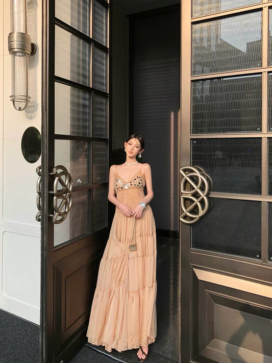 ChiclyNana French-style affordable luxury dress—a soft, elegant, sequined, and pleated camisole maxi dress perfect for birthday parties or semi-formal occasions