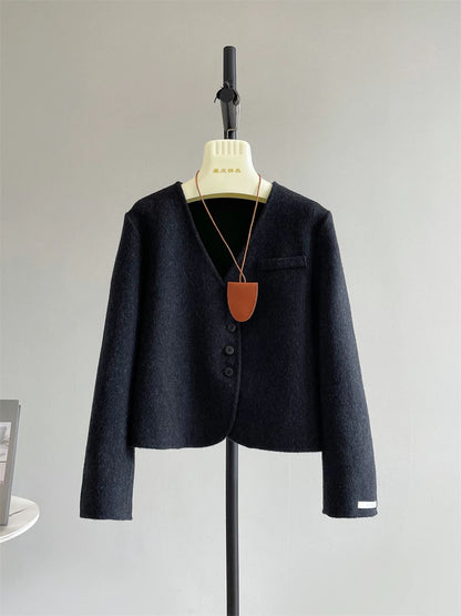 Island Diary New Korean All-match Temperament Small Double-faced Wool Velvet Coat V-neck Short Jacket P247
