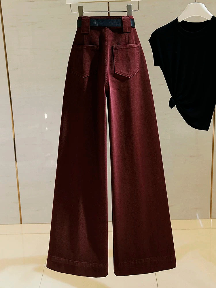 Ankora red wide-leg jeans for women 2024 new high-waist drape loose straight leg slimming floor-length pants