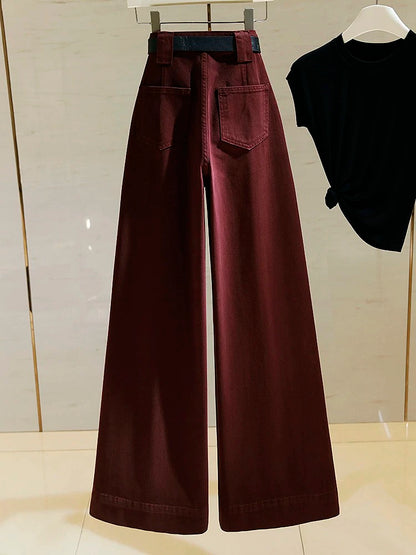 Ankora red wide-leg jeans for women 2024 new high-waist drape loose straight leg slimming floor-length pants