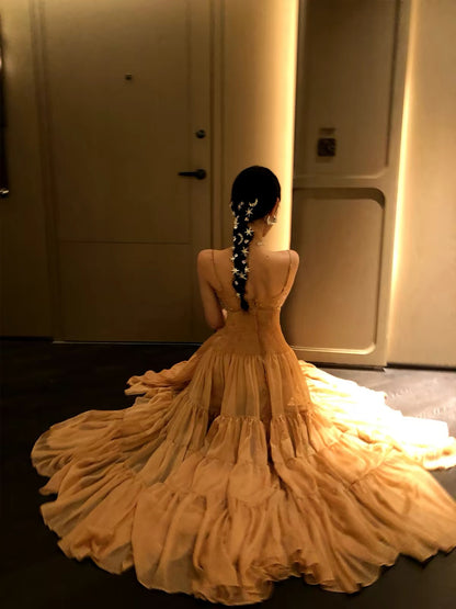 ChiclyNana French-style affordable luxury dress—a soft, elegant, sequined, and pleated camisole maxi dress perfect for birthday parties or semi-formal occasions