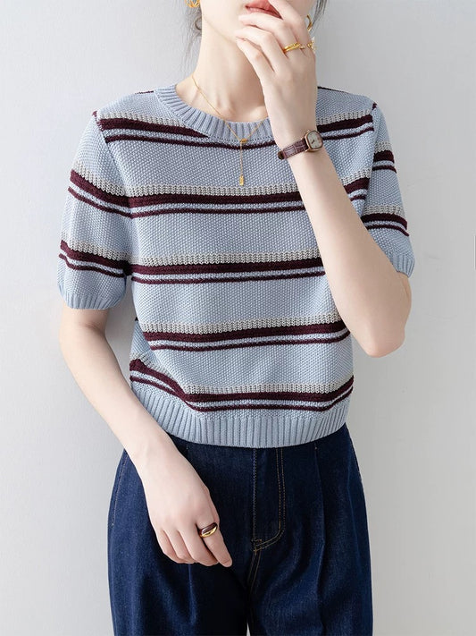 Blue loose round neck striped sweater for women all-match 2025 summer new French design short-sleeved top