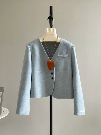 Island Diary New Korean All-match Temperament Small Double-faced Wool Velvet Coat V-neck Short Jacket P247