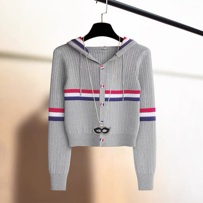Spring new style contrasting stripes age-reducing college style hooded knitted cardigan for women loose slimming sweater jacket trendy top