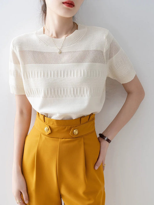 Thin hollow knit sweater for women 2024 new summer off-white round neck pullover loose design short-sleeved top
