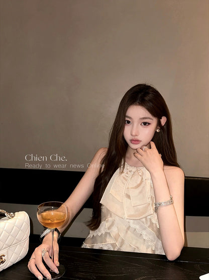 Chien Roman Collection French Halter Neck Lace Blouse, Summer Pure and Delicate Off-Shoulder Ruffle Sleeveless Top for Women