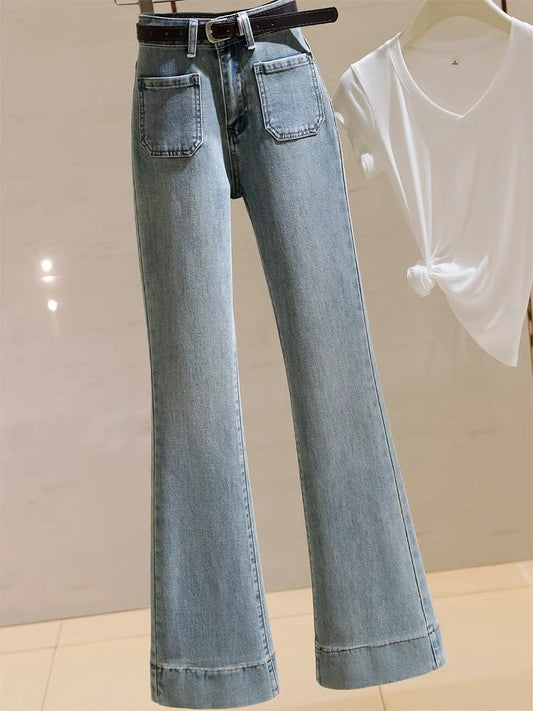 Light blue bootcut jeans for women high waist 2024 spring new Korean style versatile stretch slimming horseshoe flared pants