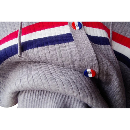 Spring new style contrasting stripes age-reducing college style hooded knitted cardigan for women loose slimming sweater jacket trendy top
